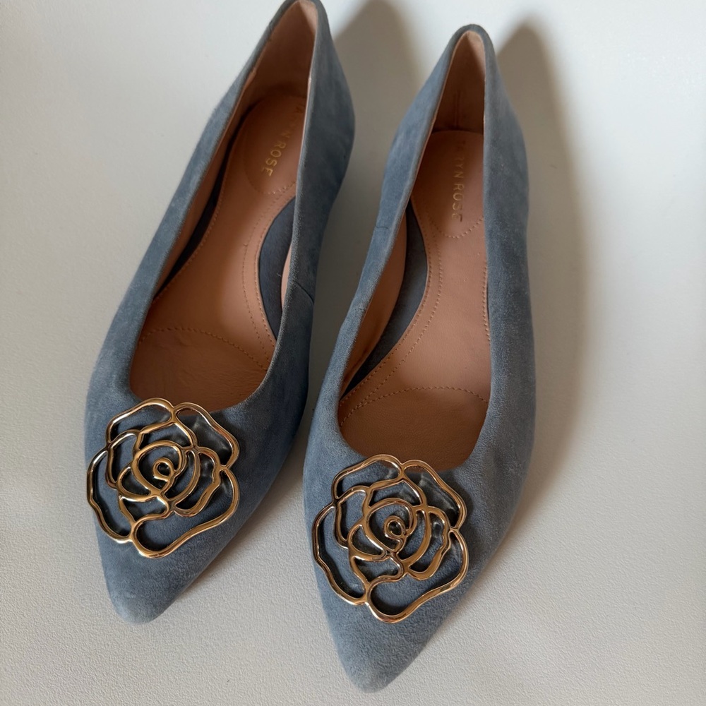 Taryn Rose Blue Suede Pointed Toe Flats with Gold Floral Accent